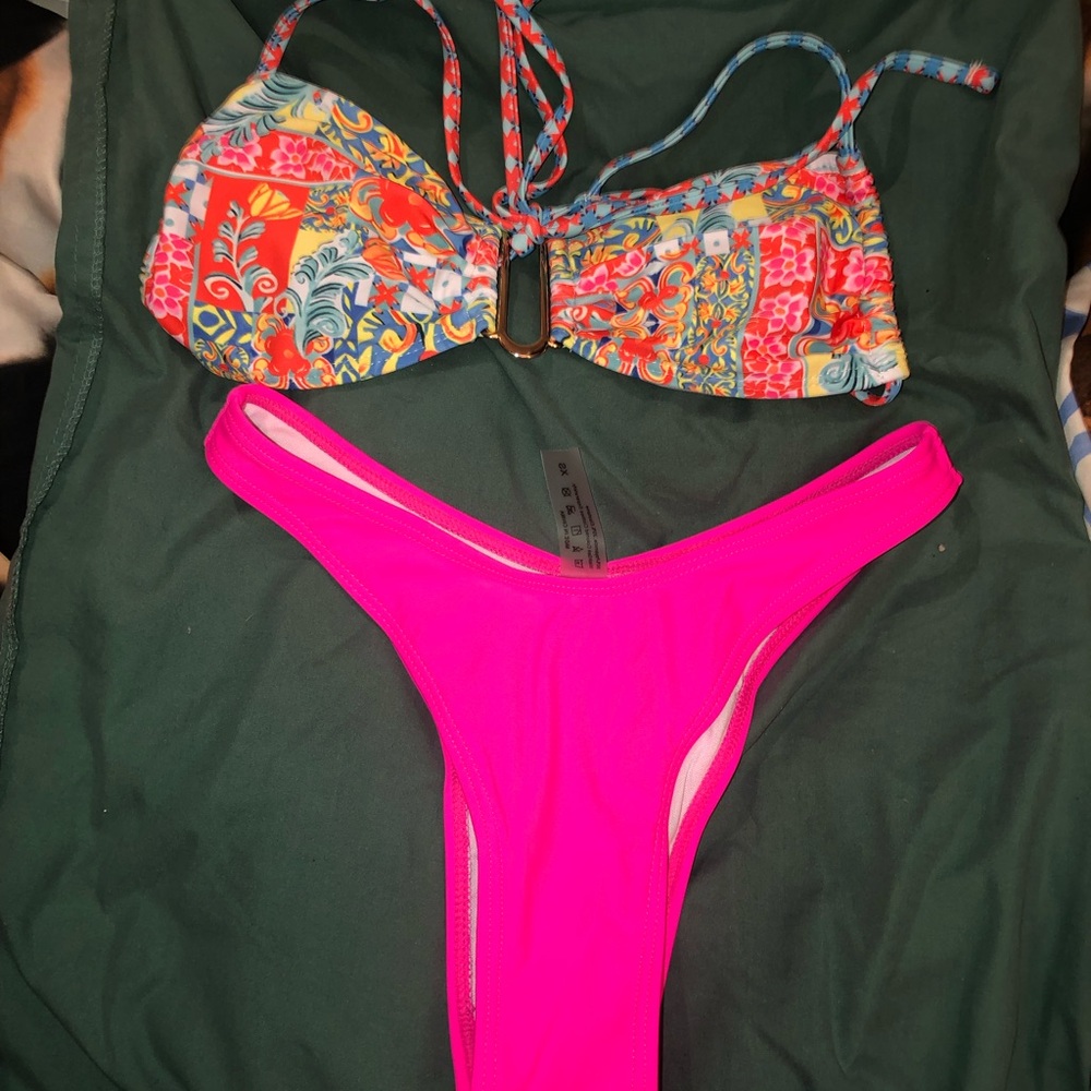 Colorful Floral Bikini Top and Pink Bottom